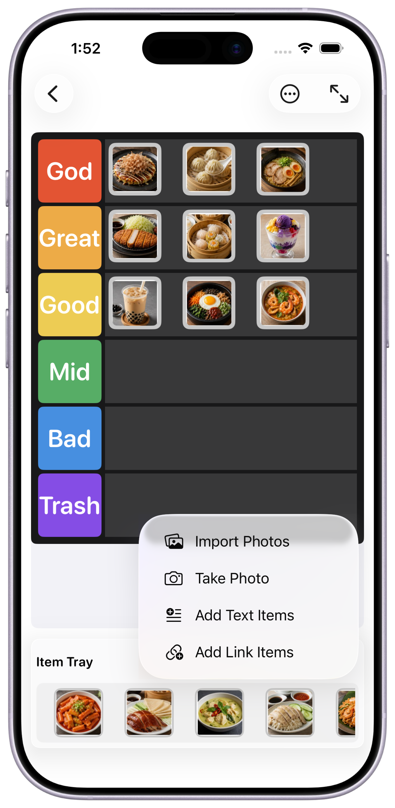 iPhone screenshot showing the add items menu with photo, text, and link options