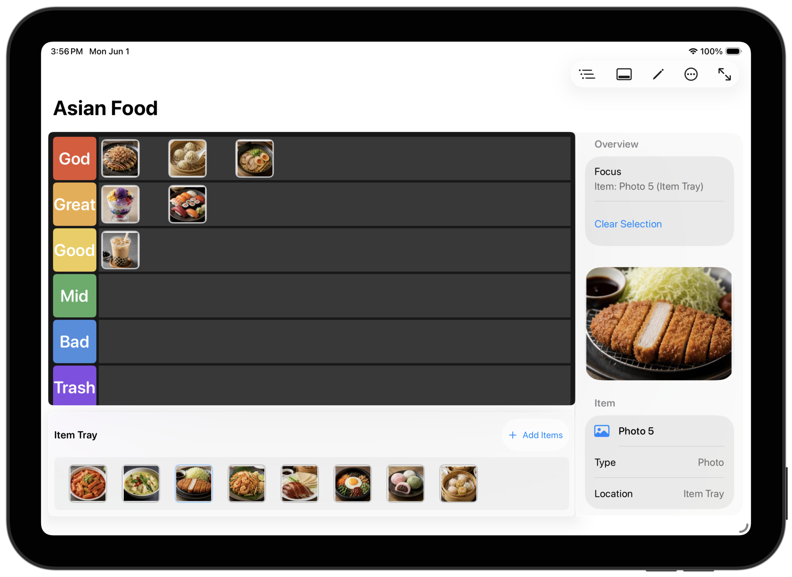 iPad workspace with tier grid, item tray, and inspector panel