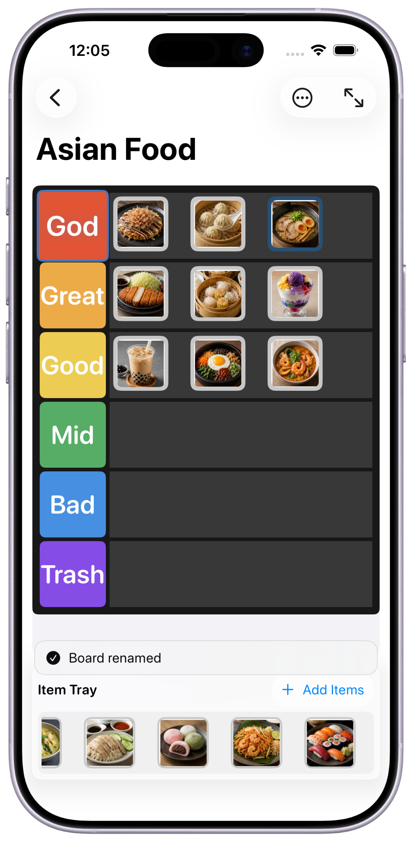 Populated tier board on iPhone with ranked photo items and item tray