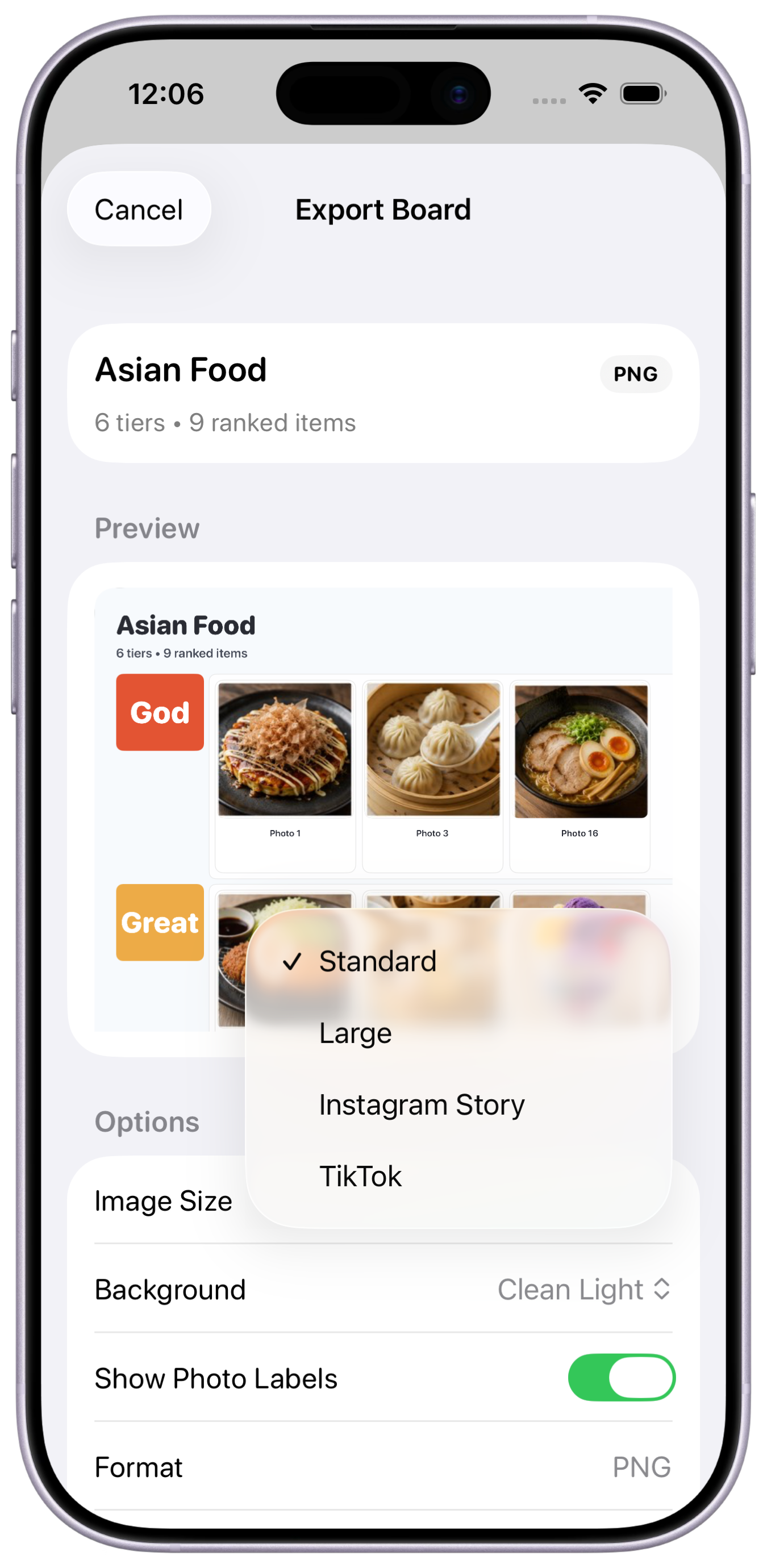 iPhone export screen showing a shareable board image